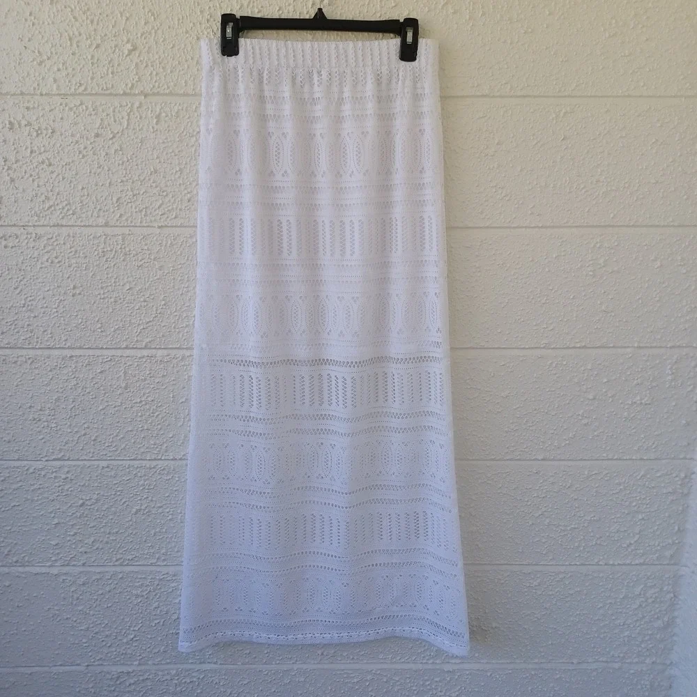 Cache White Crochet Lace Maxi Skirt Elastic Waist Boho Summer Festival Womens M